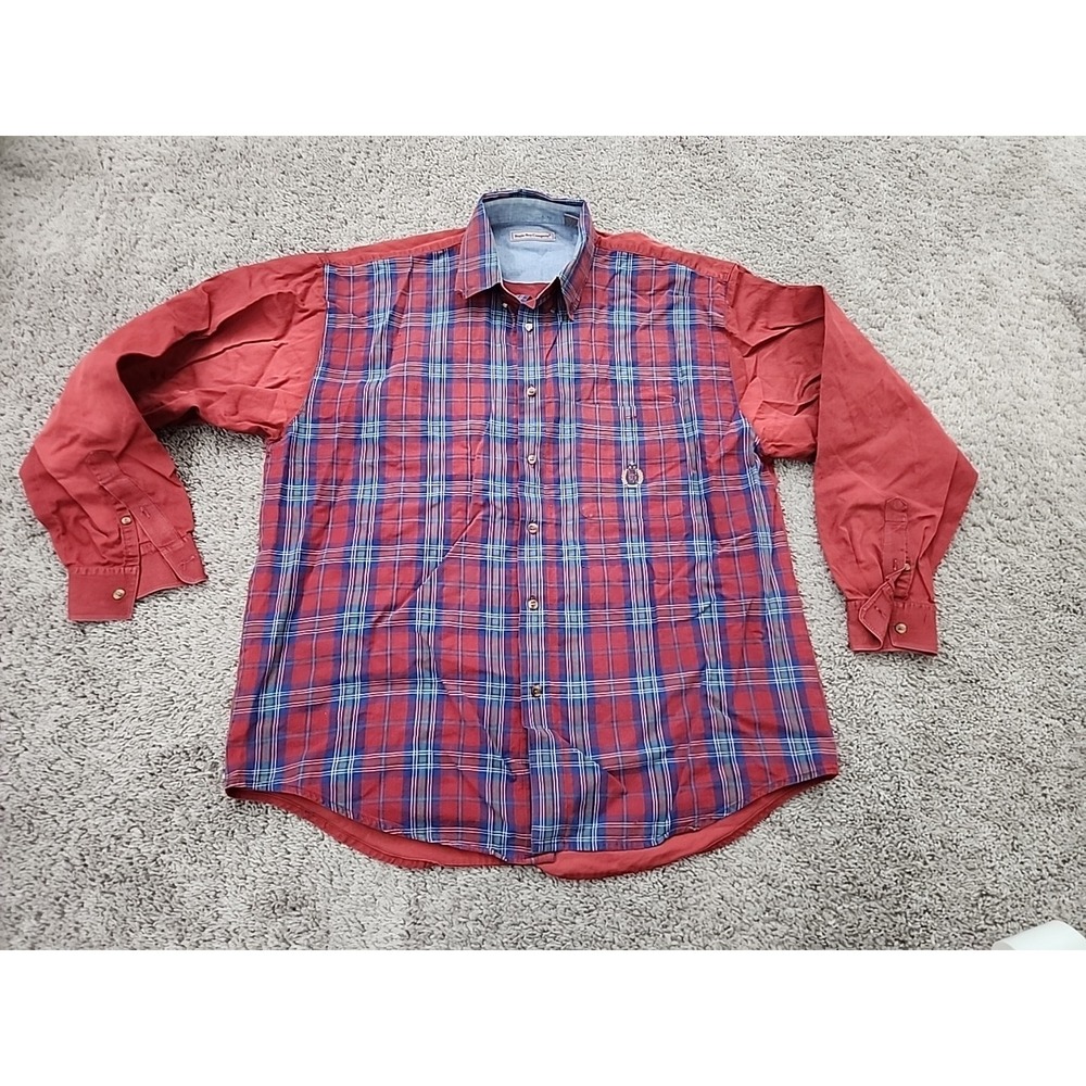 Bugle Boy Button Up Shirt Mens XL Red Plaid Mixed Media Long Sleeve Logo Retro